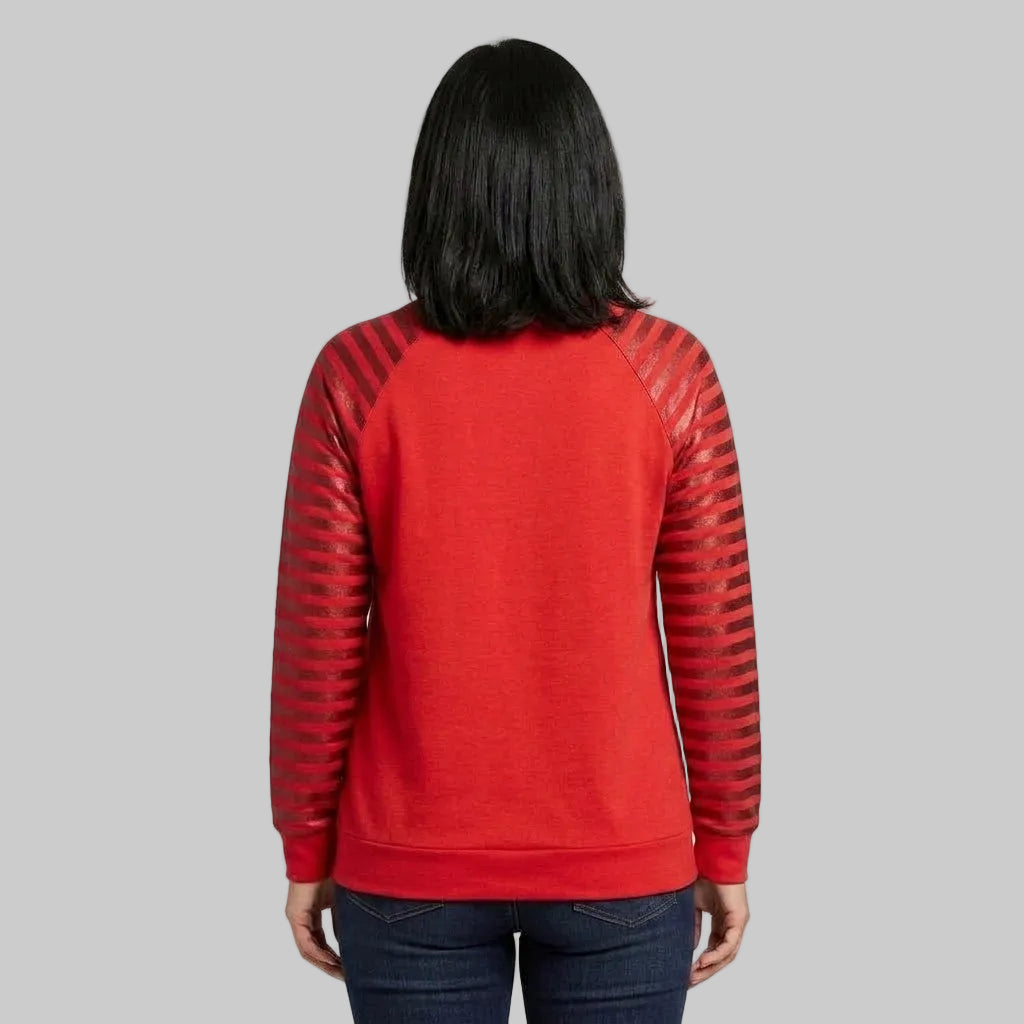Red fleece sweatshirt with stylish striped long sleeves