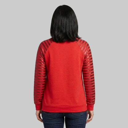 Red fleece sweatshirt with stylish striped long sleeves