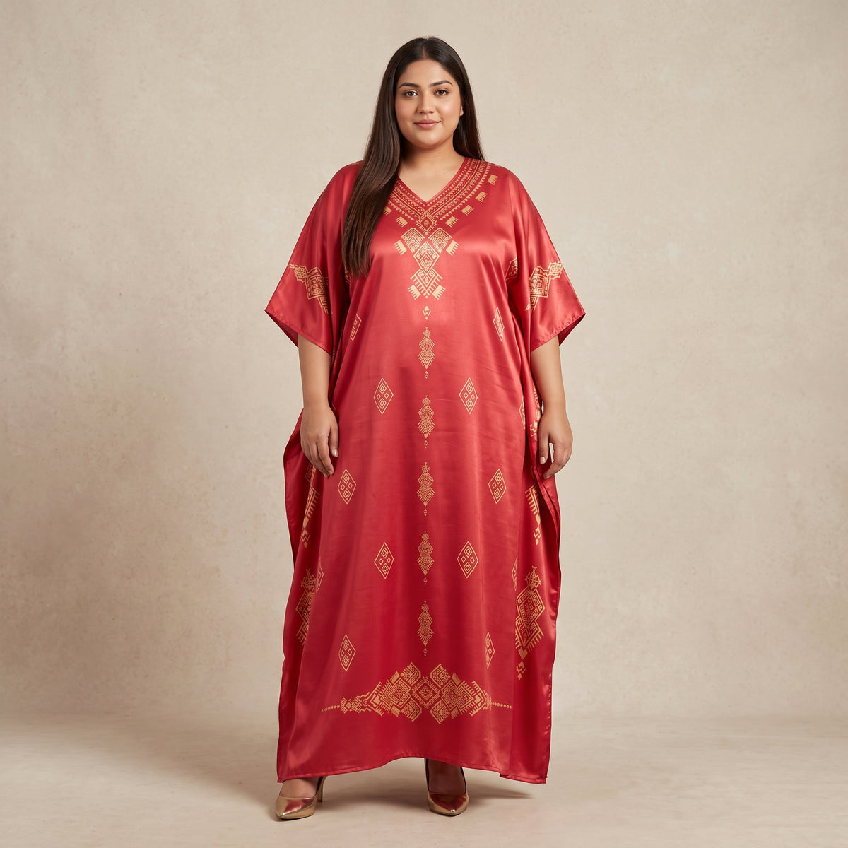 Red and Gold Printed Maxi Kaftan for Women with Relaxed V-Neckline and Wide Flowing Sleeves