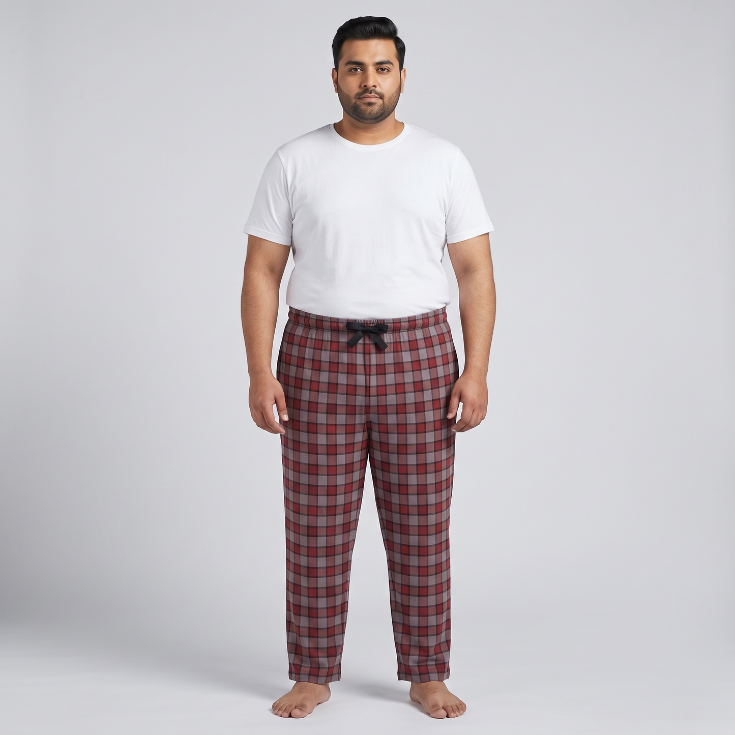Red & Grey Plaid Plus Size Jersey Lycra Trousers PSM-9560