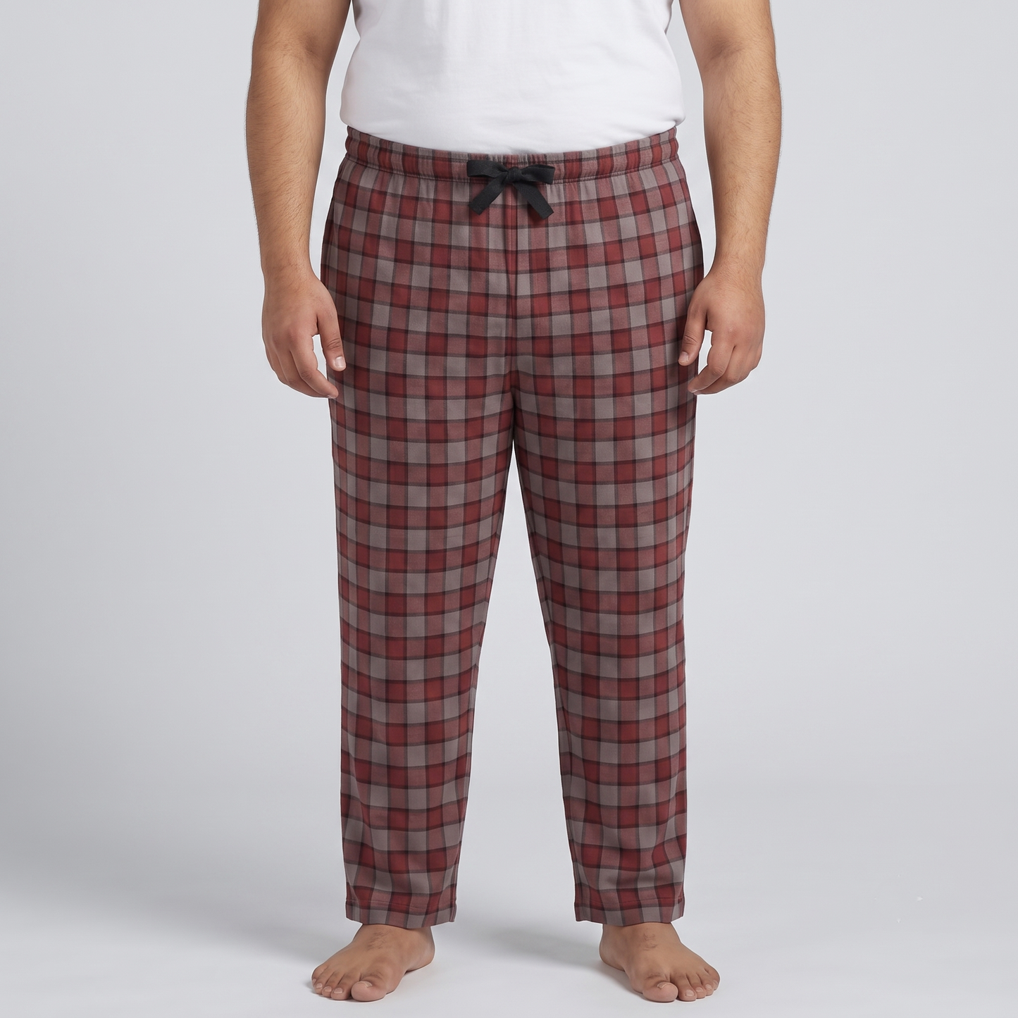 Red & Grey Plaid Plus Size Jersey Lycra Trousers PSM-9560