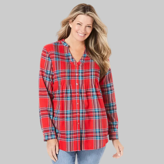 Women's red multicolor plaid pintucked flannel tunic shirt with button front.