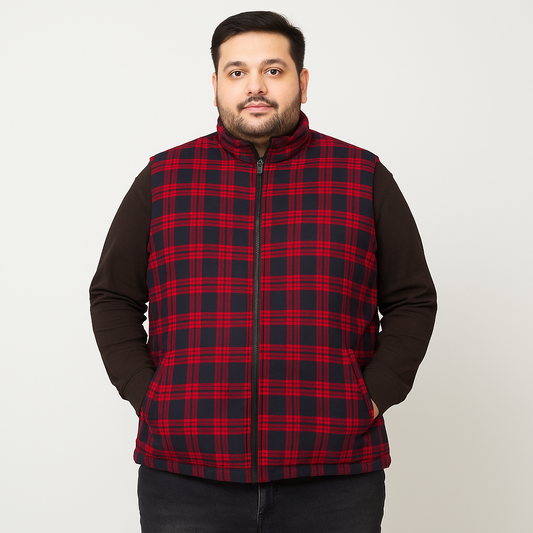 Red & Navy Checkered Plus Size Sleeveless Puffer Vest PSM-9990