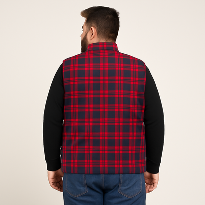 Red & Navy Checkered Plus Size Sleeveless Puffer Vest PSM-9990