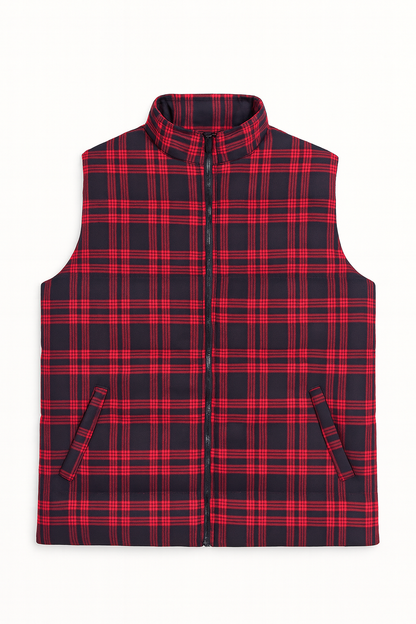 Red & Navy Checkered Plus Size Sleeveless Puffer Vest PSM-9990