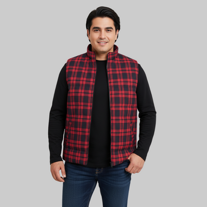 Red & Navy Checkered Plus Size Sleeveless Puffer Vest PSM-9990