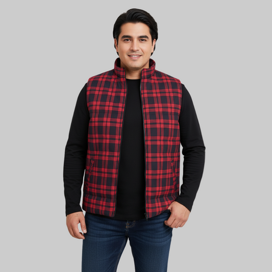 Red & Navy Checkered Plus Size Sleeveless Puffer Vest PSM-9990