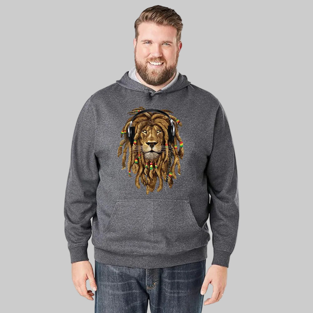Reggae Roar charcoal big and tall hoodie with relaxed fit and hood worn by model