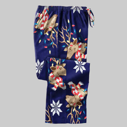 Men’s Reindeer novelty print flannel pajama pants with elastic waistband, drawstring, button fly, and side pockets.