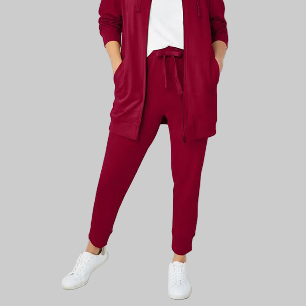 Rich Burgundy French Terry Joggers with elastic waistband, drawstring, and ribbed cuffs — soft ankle-length plus size lounge joggers for women.