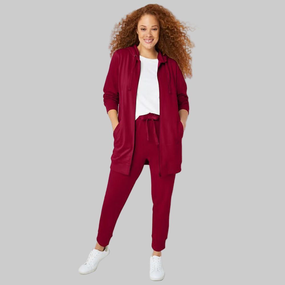Rich Burgundy French Terry Joggers with elastic waistband, drawstring, and ribbed cuffs — soft ankle-length plus size lounge joggers for women.