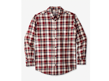 Rich burgundy plaid flannel shirt with horn buttons and chest pocket, made from soft double-brushed cotton.