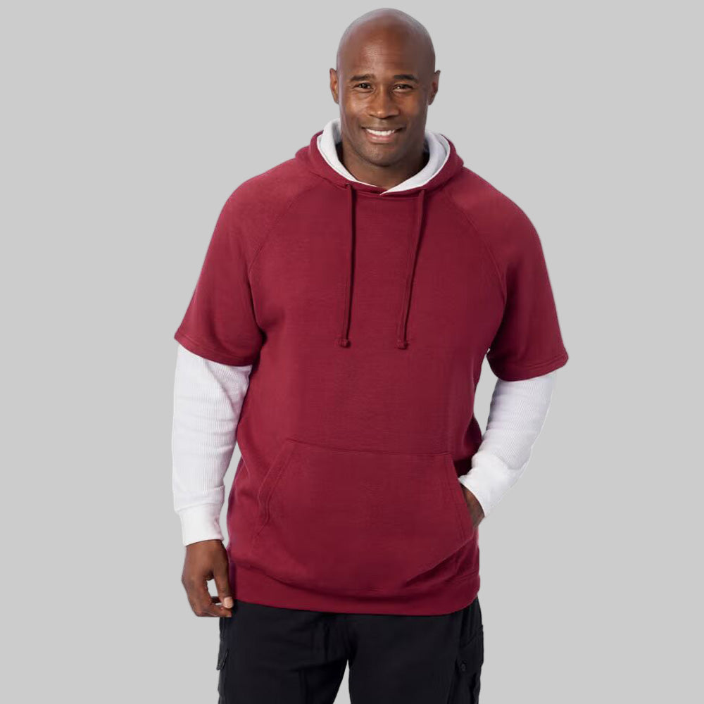 Rich burgundy thermal-lined layered look hoodie with contrast knit sleeves, drawstring hood, and front pouch pocket — casual winter fleece top.