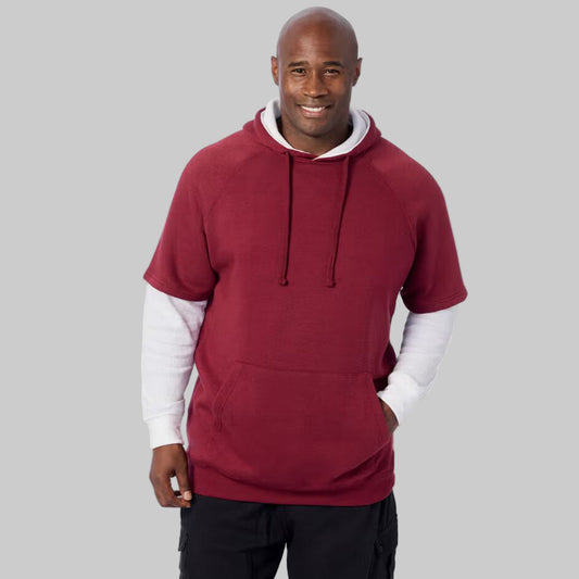 Rich burgundy thermal-lined layered look hoodie with contrast knit sleeves, drawstring hood, and front pouch pocket — casual winter fleece top.