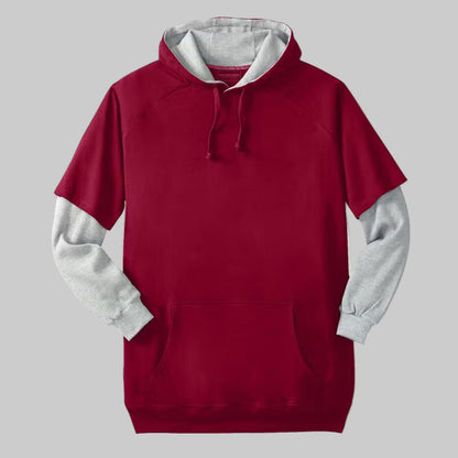 Rich burgundy thermal-lined layered look hoodie with contrast knit sleeves, drawstring hood, and front pouch pocket — casual winter fleece top.