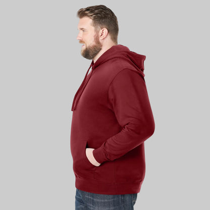 Rich burgundy fleece pullover hoodie for big and tall men with drawstring hood and front pocket.