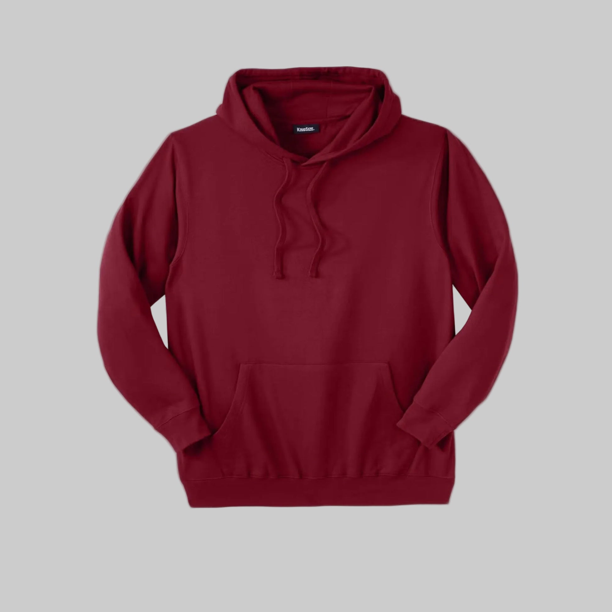 Rich burgundy fleece pullover hoodie for big and tall men with drawstring hood and front pocket.