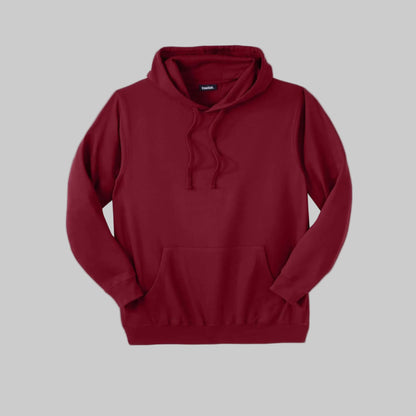 Rich burgundy fleece pullover hoodie for big and tall men with drawstring hood and front pocket.