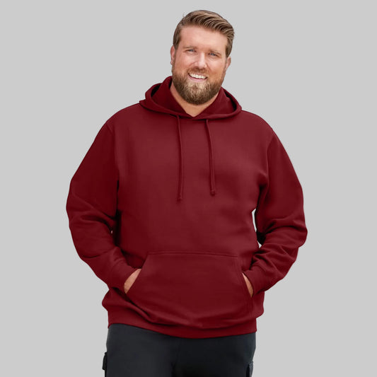 Rich burgundy fleece pullover hoodie for big and tall men with drawstring hood and front pocket.