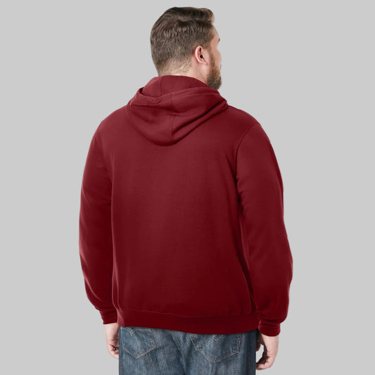 Rich burgundy fleece pullover hoodie for big and tall men with drawstring hood and front pocket.