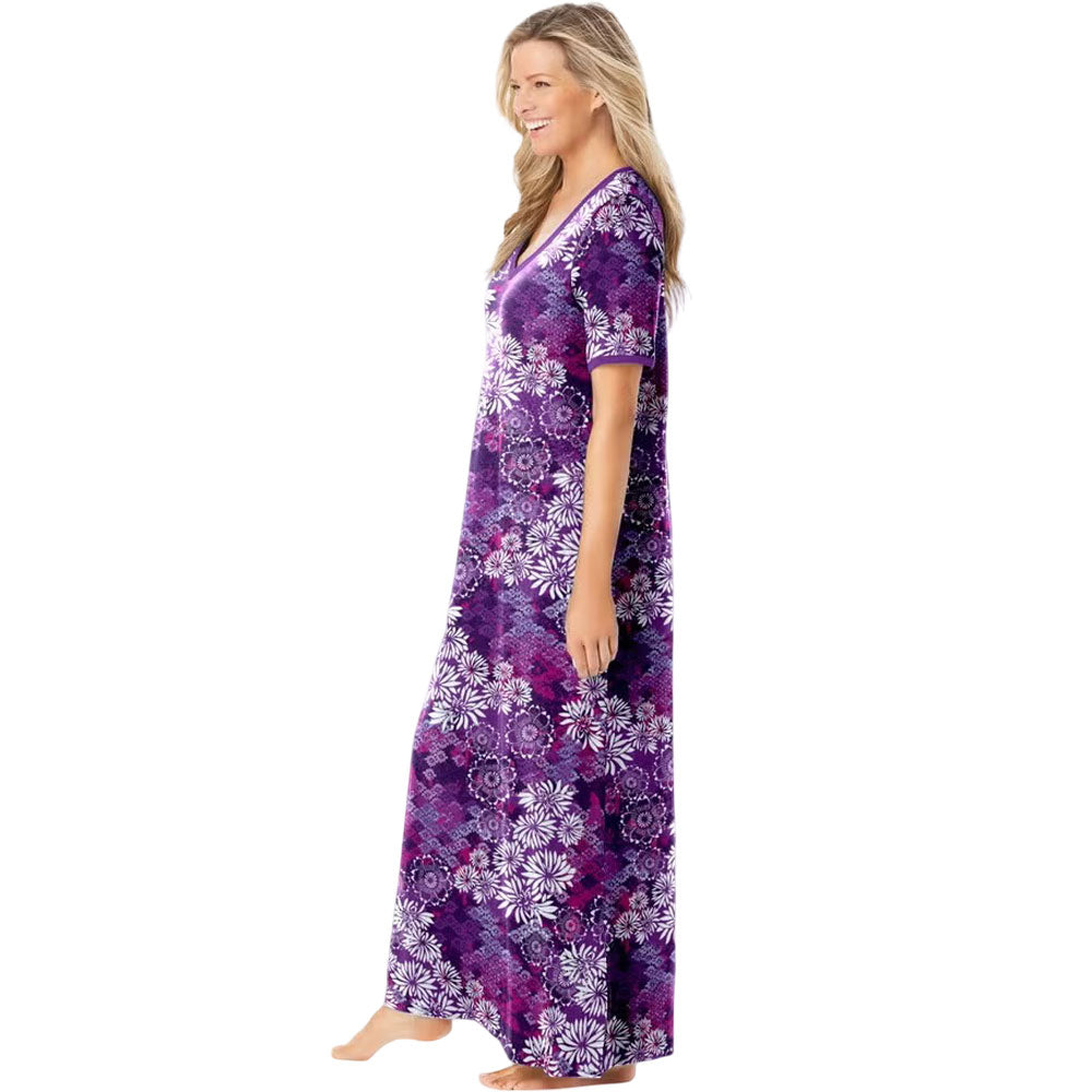 Rich Violet Long T-Shirt Lounger with Floral Print – Lounge and Casual Wear