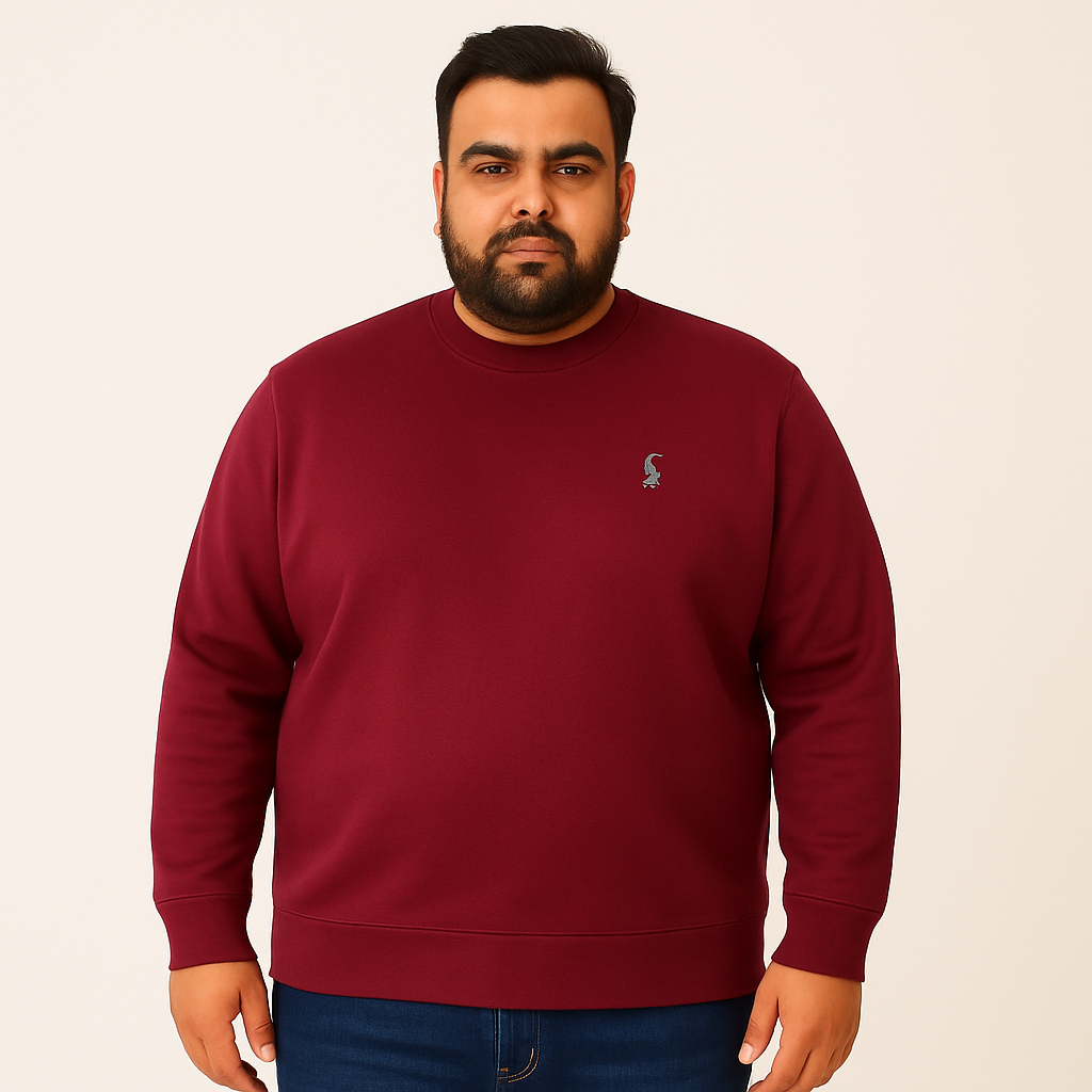 Rich Burgundy Fleece Crewneck Sweatshirt for men with ribbed cuffs and hem — soft cotton-blend casual pullover.
