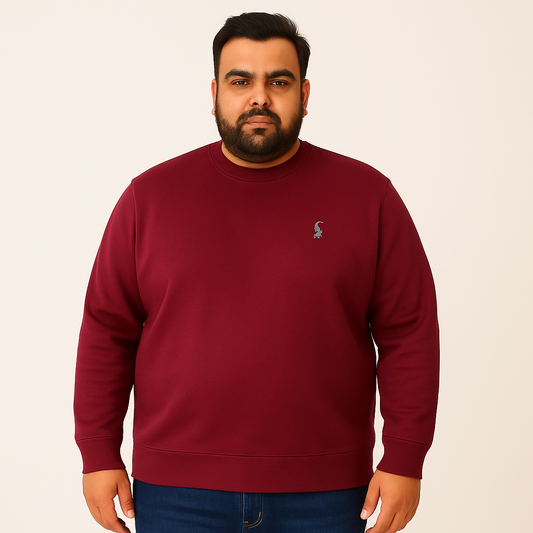 Rich Burgundy Fleece Crewneck Sweatshirt for men with ribbed cuffs and hem — soft cotton-blend casual pullover.