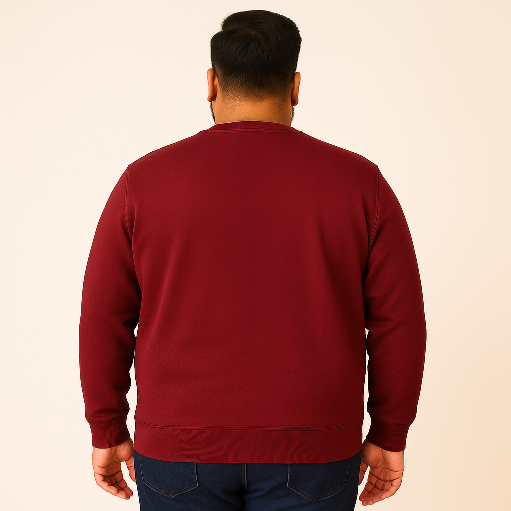 Rich Burgundy Fleece Crewneck Sweatshirt for men with ribbed cuffs and hem — soft cotton-blend casual pullover.