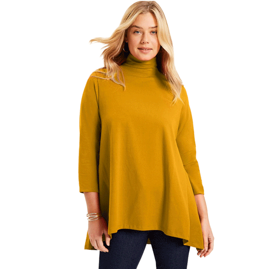 Rich Gold Mock-Neck Tunic – 3/4 Sleeve Cotton Top with High-Low Hem

