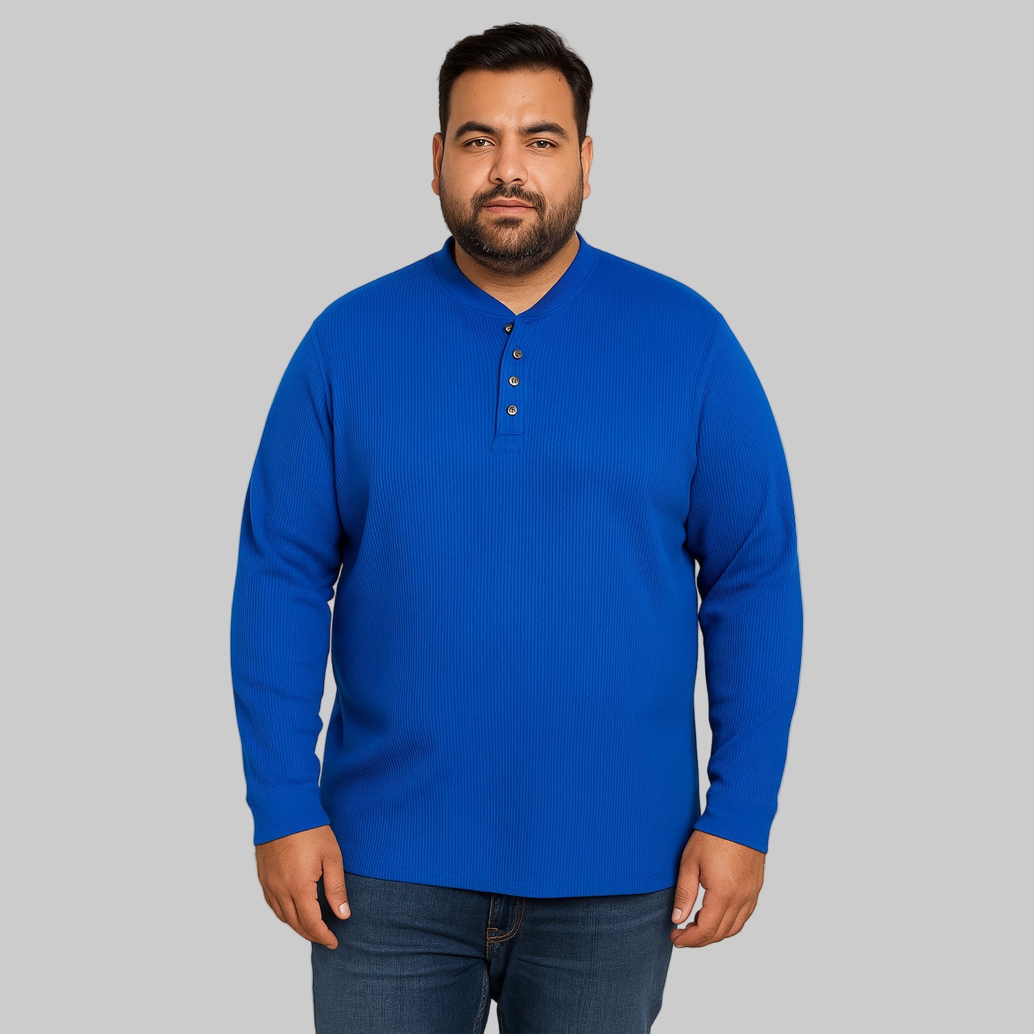 Royal Blue Plus Size Waffle-Knit Thermal Henley Tee with five-button placket — soft cotton-blend men’s big and tall thermal shirt.