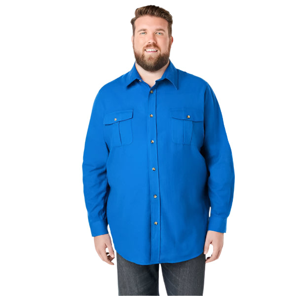 Royal blue solid flannel shirt with chest pockets in Big & Tall sizing, soft cotton