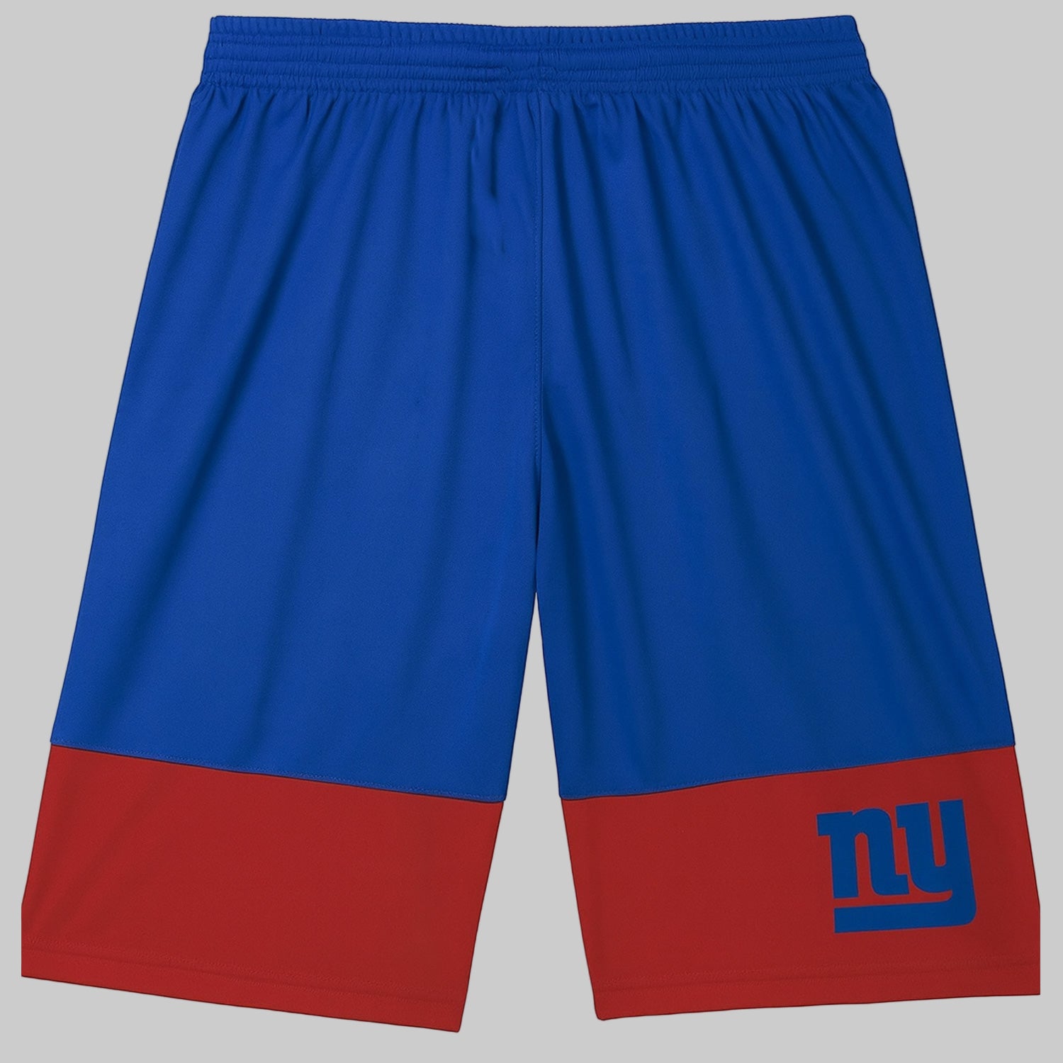 Royal Blue and Red Colorblock Athletic Shorts – breathable sportswear with elastic waistband and “NY” logo, displayed on a white background.