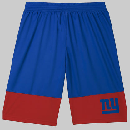 Royal Blue and Red Colorblock Athletic Shorts – breathable sportswear with elastic waistband and “NY” logo, displayed on a white background.