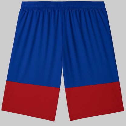 Royal Blue and Red Colorblock Athletic Shorts – breathable sportswear with elastic waistband and “NY” logo, displayed on a white background.