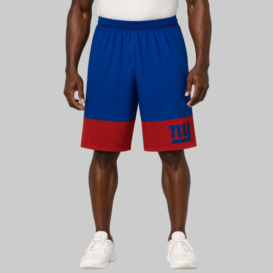 Royal Blue and Red Colorblock Athletic Shorts – breathable sportswear with elastic waistband and “NY” logo, displayed on a white background.