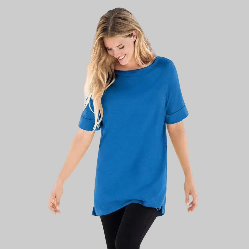 Royal Blue Cuffed Elbow-Sleeve Boat-Neck Tee in Cotton Jersey