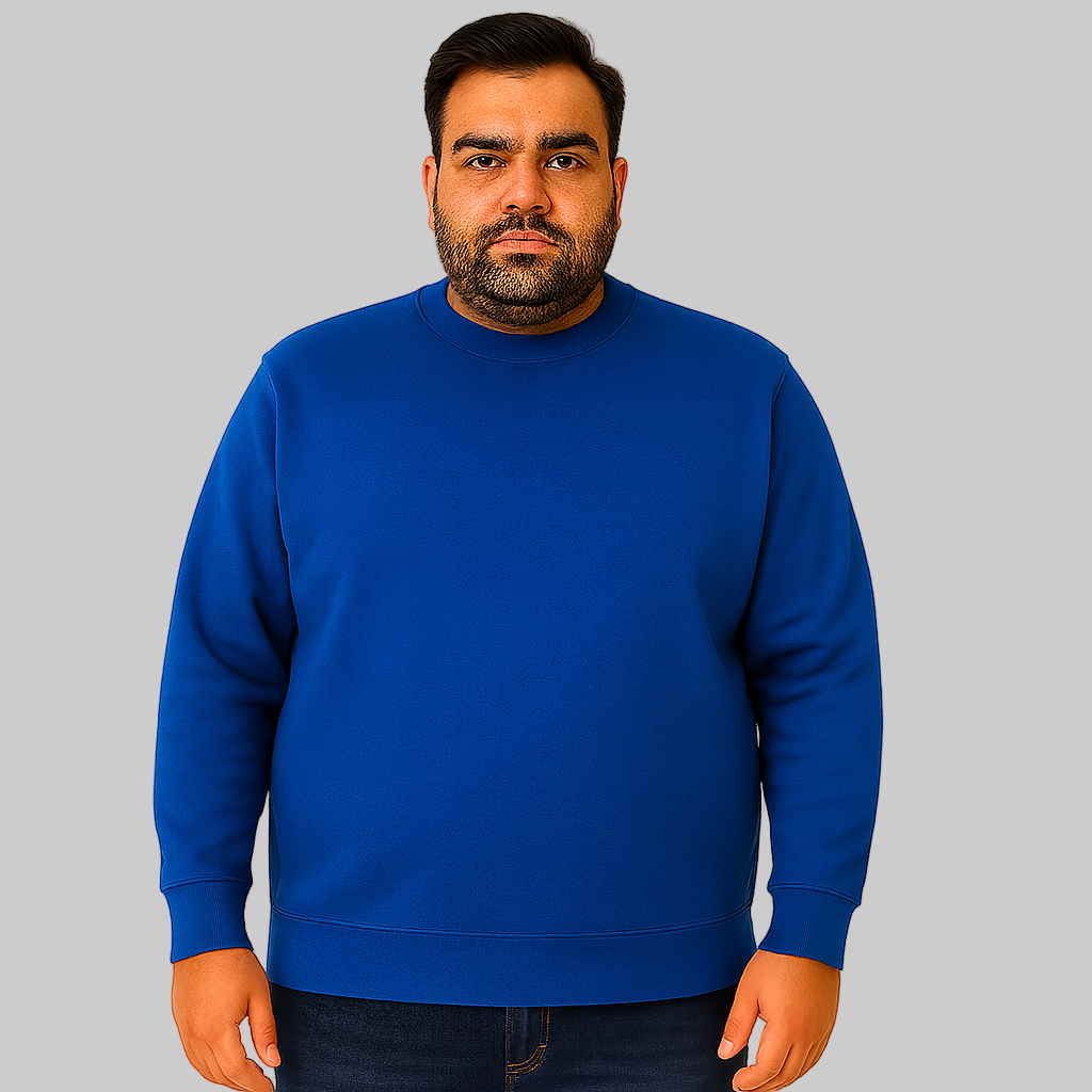 Royal Blue Fleece Crewneck Sweatshirt for men with ribbed cuffs and hem — soft cotton-blend casual pullover.