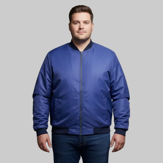 Royal blue plus size bomber jacket with front zip closure and ribbed cuffs on a plain background.