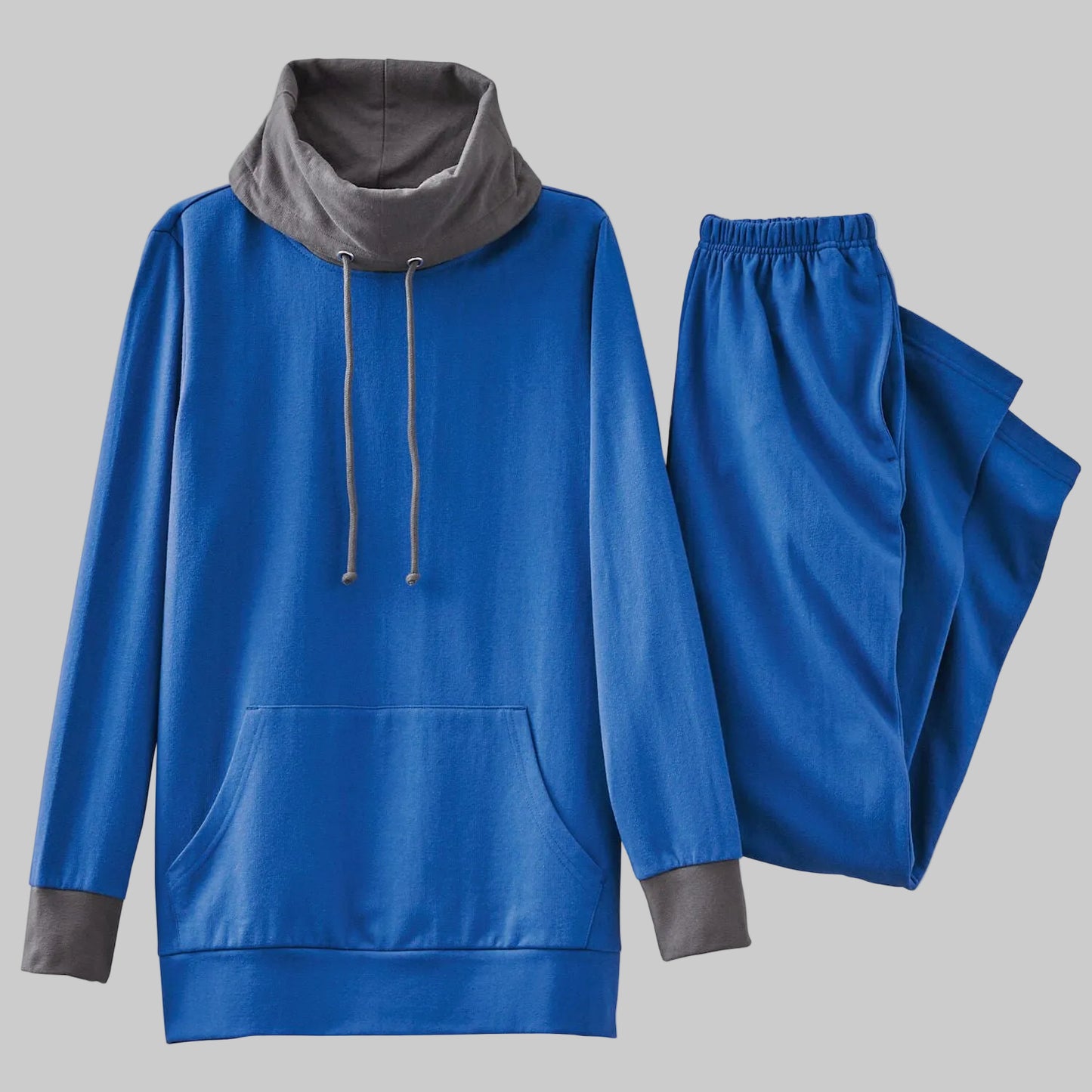 Royal blue plus size fleece cowl neck hoodie and jogger lounging set on white background
