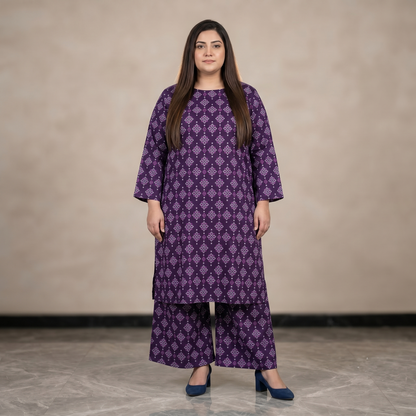 Woman wearing a purple patterned outfit against a beige background
