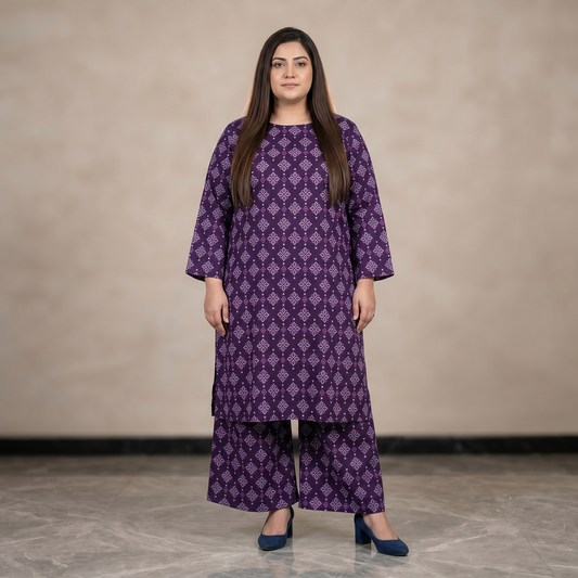 Woman wearing a purple patterned outfit against a beige background