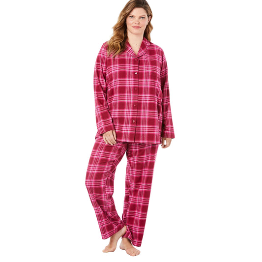 Women’s Ruby Plaid Classic Flannel Pajama Set with button-front shirt, notched collar, picot trim, and elastic waist pants made from soft brushed cotton flannel.