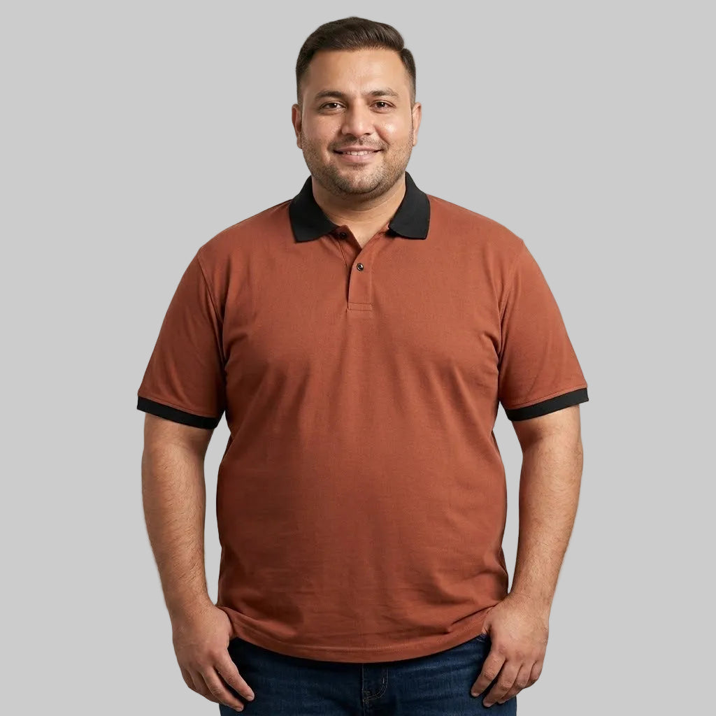 Rust Orange Contrast Collar Polo Shirt with Black Trim in Cotton Jersey