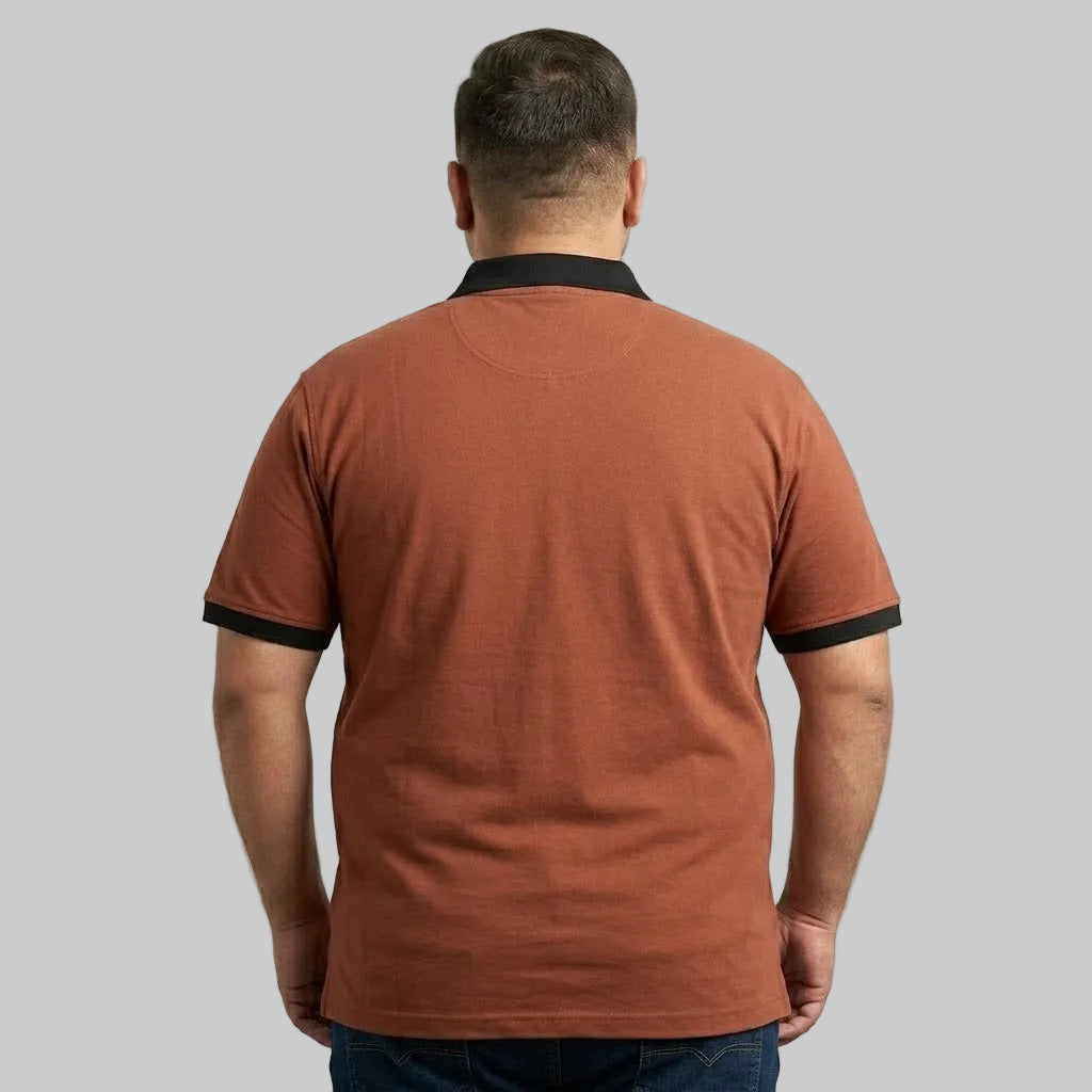 Rust Orange Contrast Collar Polo Shirt with Black Trim in Cotton Jersey
