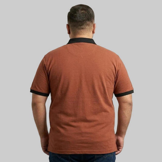 Rust Orange Contrast Collar Polo Shirt with Black Trim in Cotton Jersey