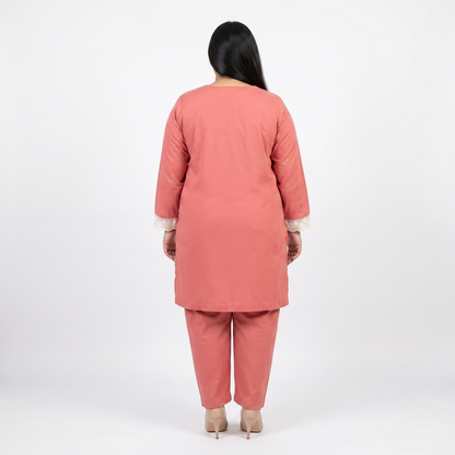 Rust Pink Lace Accent lawn Co-ord Set PSW-11418