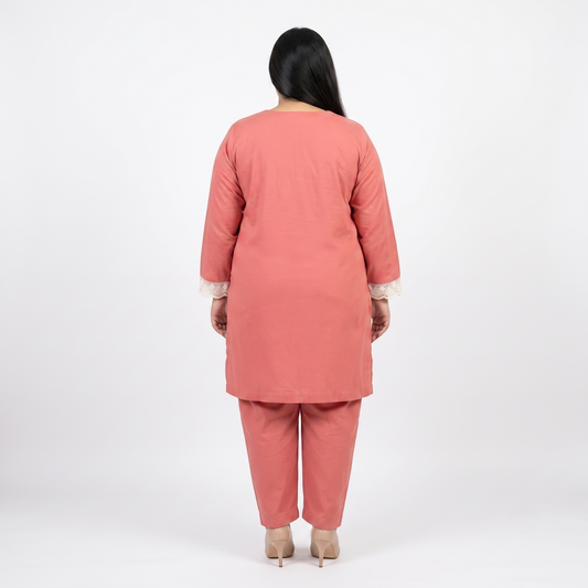 Rust Pink Lace Accent lawn Co-ord Set PSW-11418