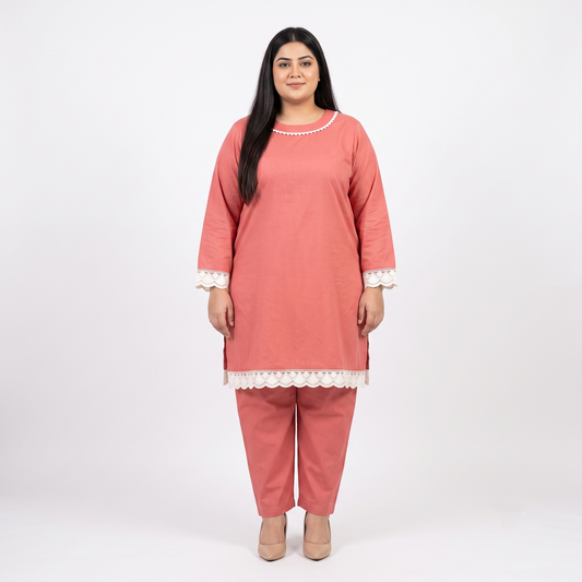 Rust Pink Lace Accent lawn Co-ord Set PSW-11418