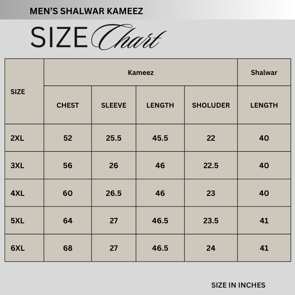 Size chart for Boski Classic Shalwar Kameez PSM-11115