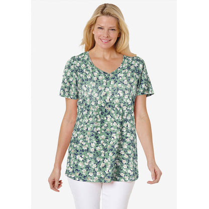 Sage Blossom Vine Perfect Printed Short Sleeve V Neck Tee PSW-8298